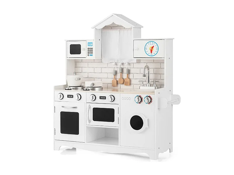 Cucina giocattolo per bambini in legno con lavatrice piano cottura, Set giochi cucina realistica Bianco