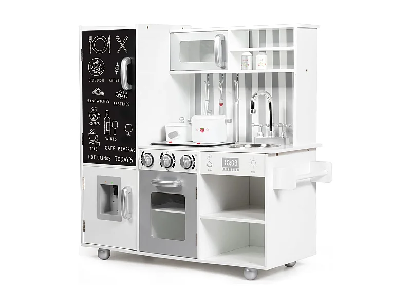 Cuisine en Bois Enfants avec 7 Accessoires & Effet Sonore Cuisiniere Enfants avec Tableau Noir Réfrigérateur & Distributeur d'Eau