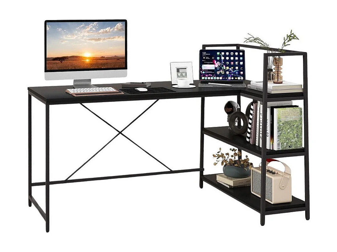 148 cm langer L-förmiger Computertisch mit offenen Ablagen platzsparender Schreibtisch zum moderner Arbeitsplatz Schwarz