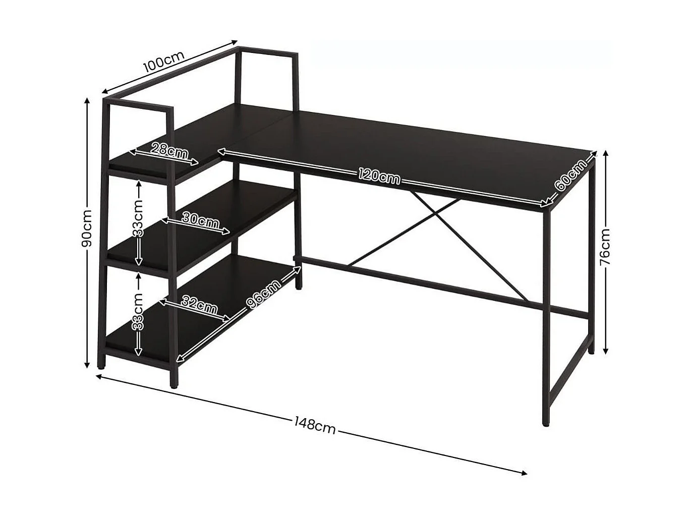 148 cm langer L-förmiger Computertisch mit offenen Ablagen platzsparender Schreibtisch zum moderner Arbeitsplatz Schwarz