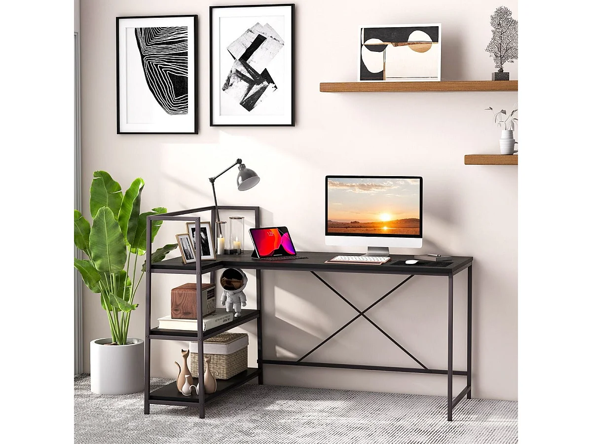 148 cm langer L-förmiger Computertisch mit offenen Ablagen platzsparender Schreibtisch zum moderner Arbeitsplatz Schwarz