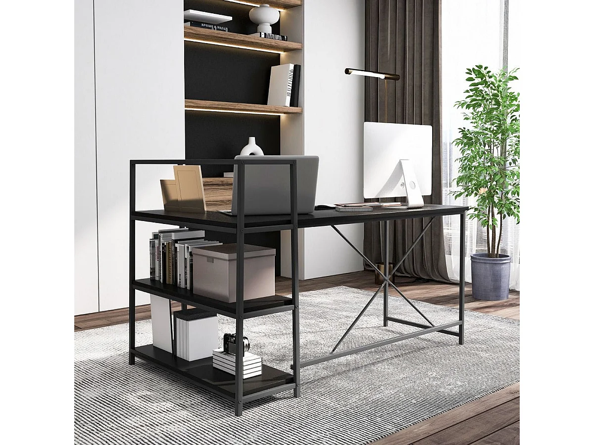 148 cm langer L-förmiger Computertisch mit offenen Ablagen platzsparender Schreibtisch zum moderner Arbeitsplatz Schwarz