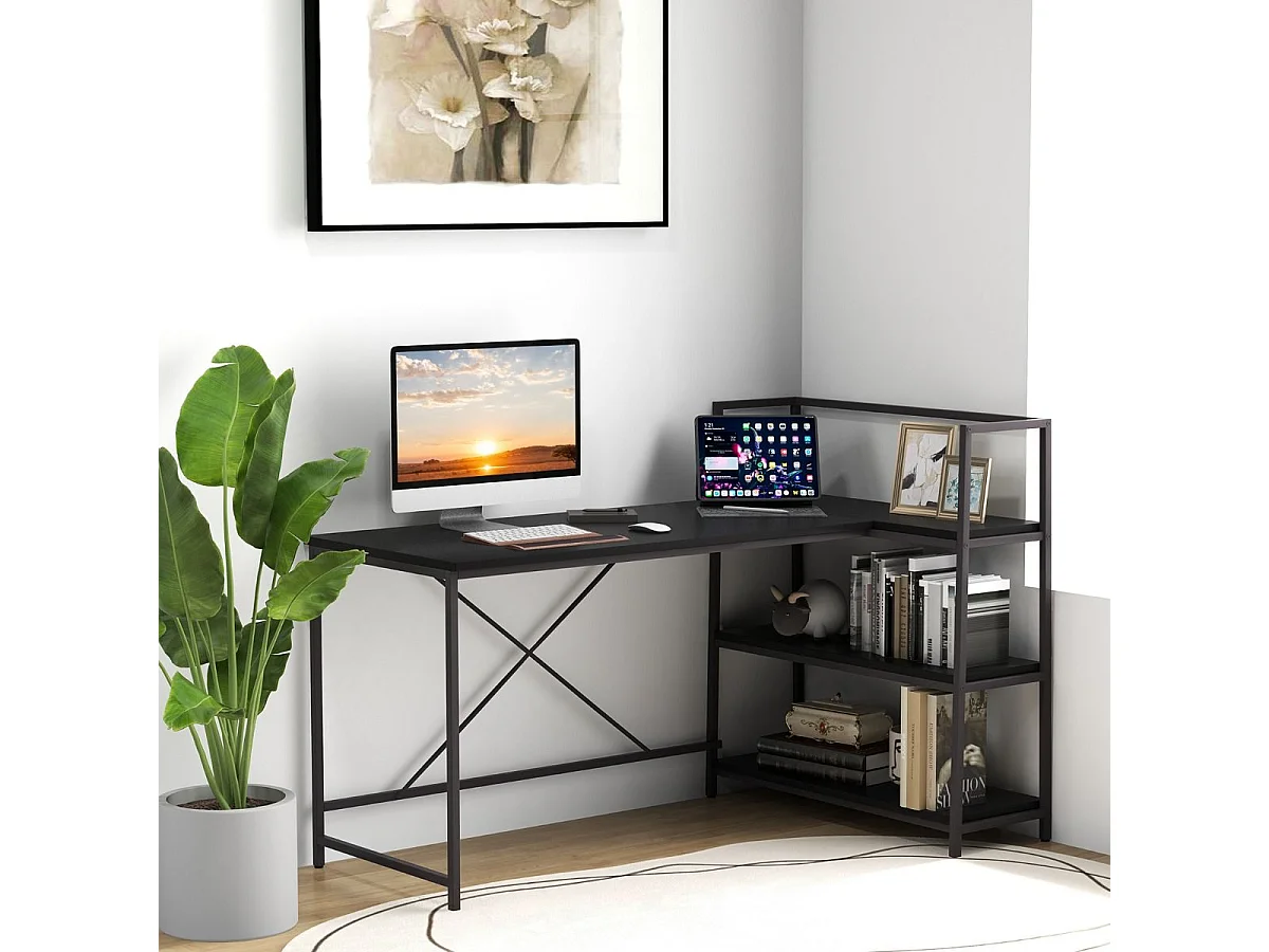 148 cm langer L-förmiger Computertisch mit offenen Ablagen platzsparender Schreibtisch zum moderner Arbeitsplatz Schwarz