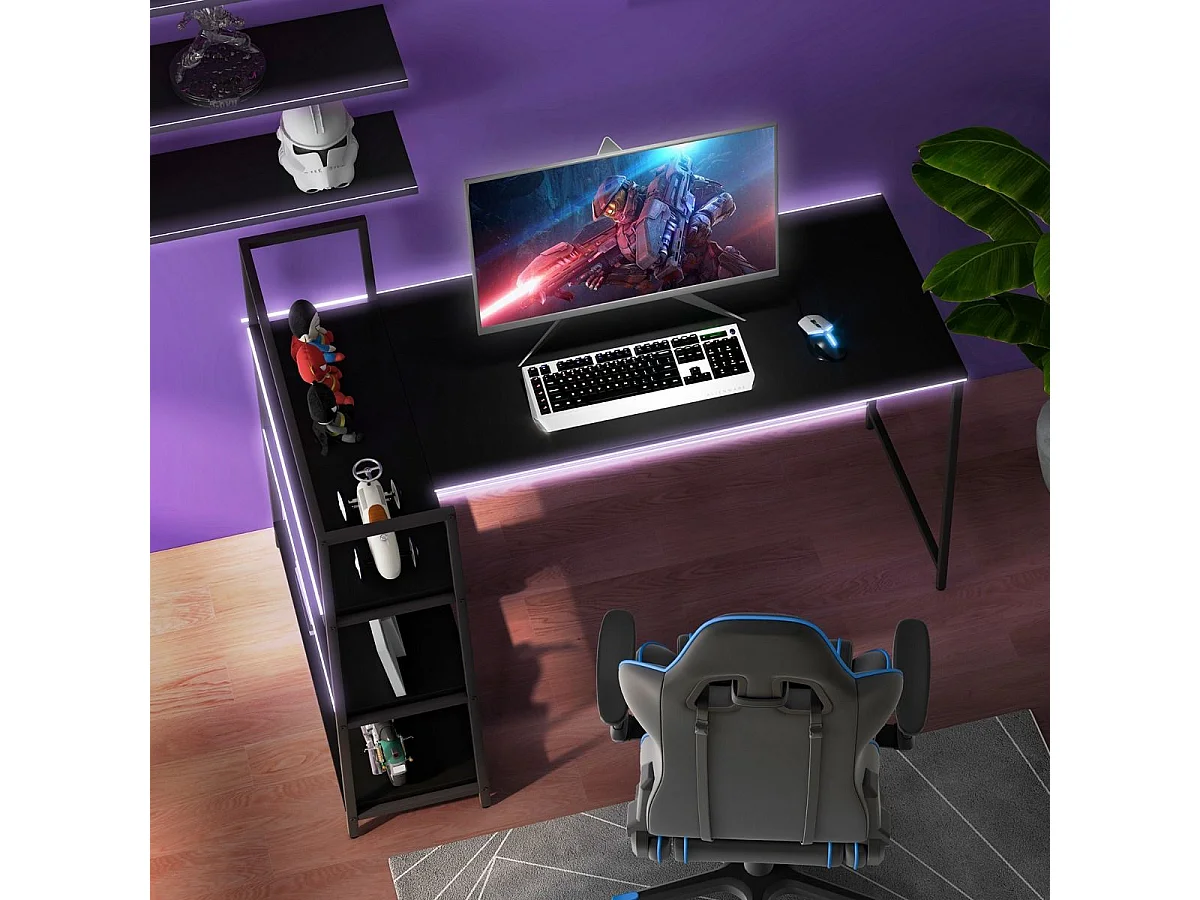 148 cm langer L-förmiger Computertisch mit offenen Ablagen platzsparender Schreibtisch zum moderner Arbeitsplatz Schwarz