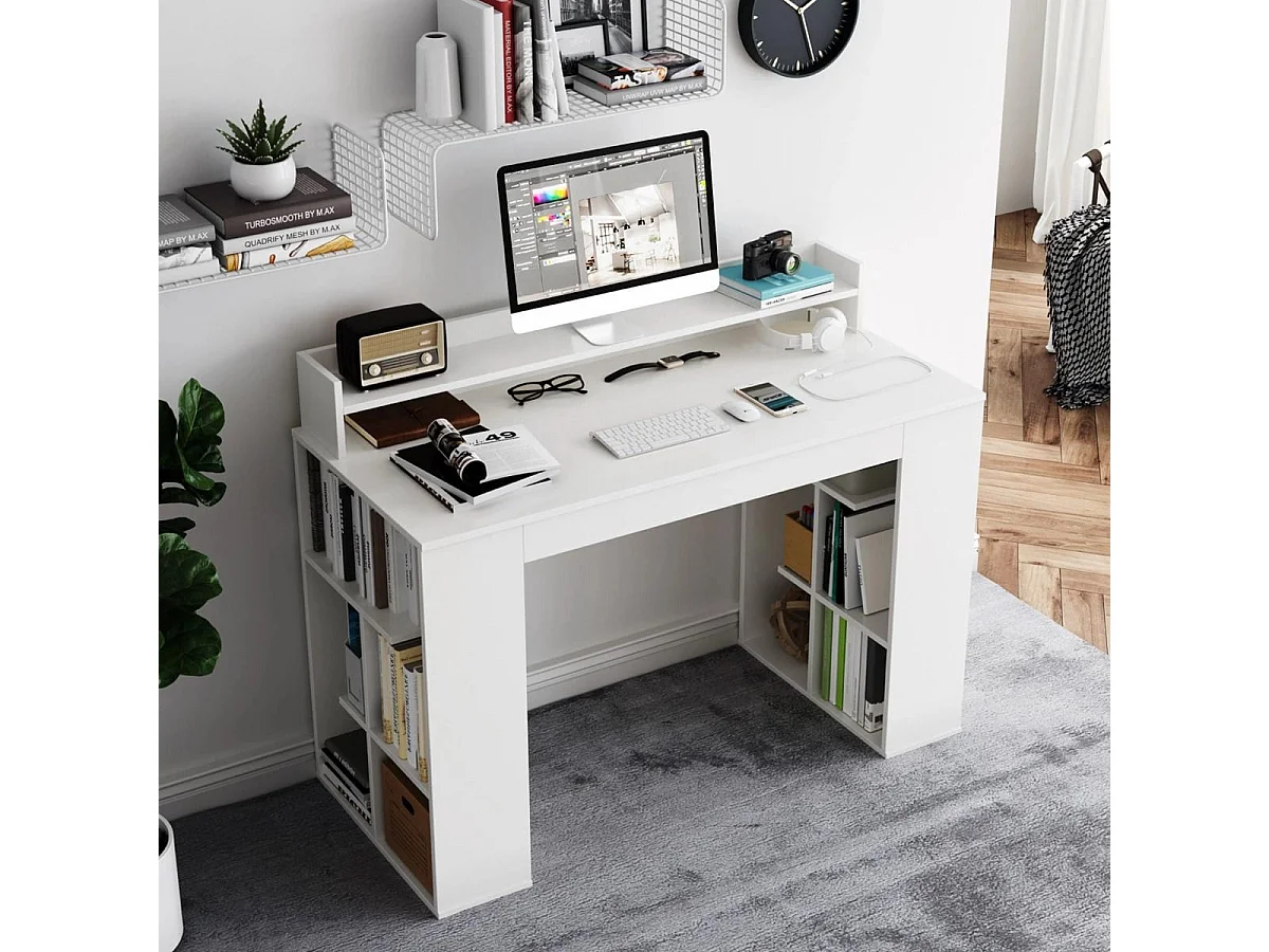 Schreibtisch mit Monitorablage & 2 Bücherregalen Computertisch 120 x 54 x 90 cm Weiß