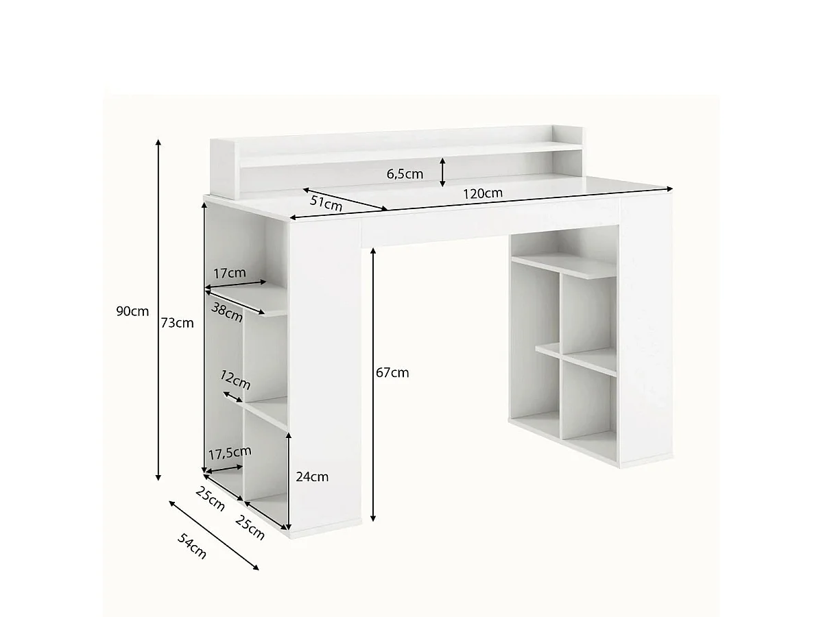Schreibtisch mit Monitorablage & 2 Bücherregalen Computertisch 120 x 54 x 90 cm Weiß