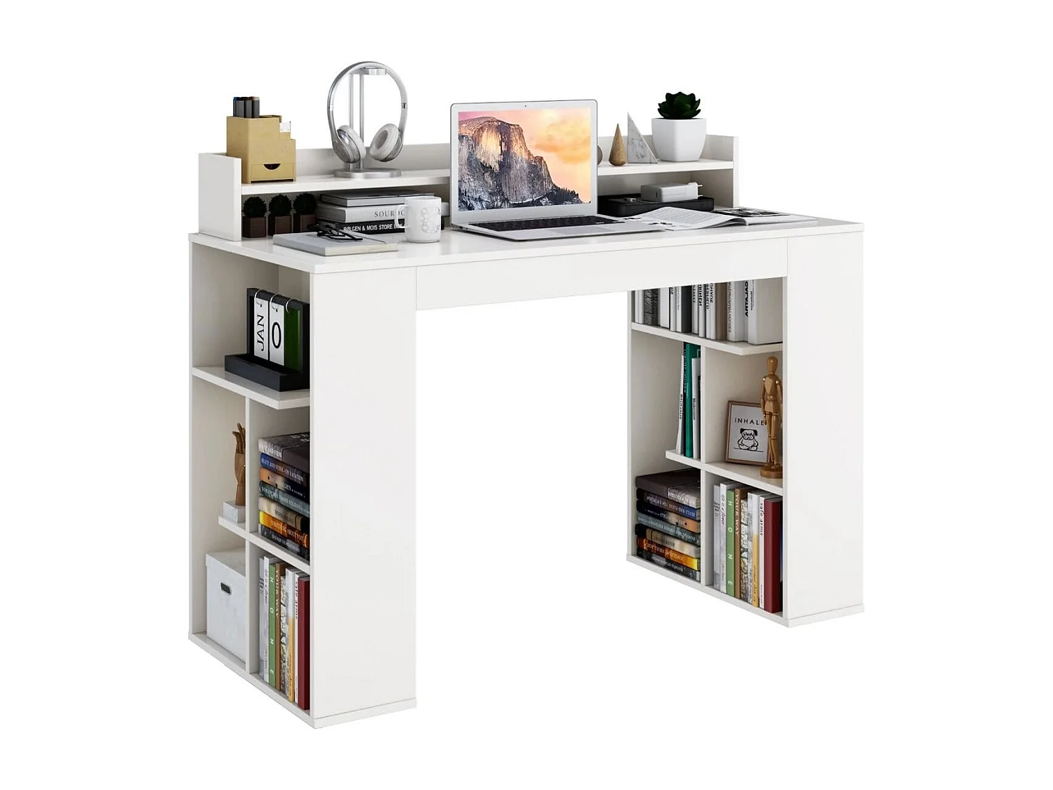 Schreibtisch mit Monitorablage & 2 Bücherregalen Computertisch 120 x 54 x 90 cm Weiß