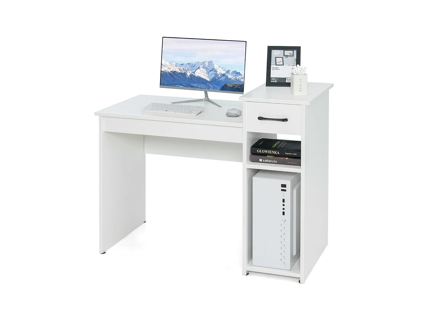 Schreibtisch mit Schublade & offenen Regalen Computertisch aus Holz 102 x 50 x 82 cm Weiß