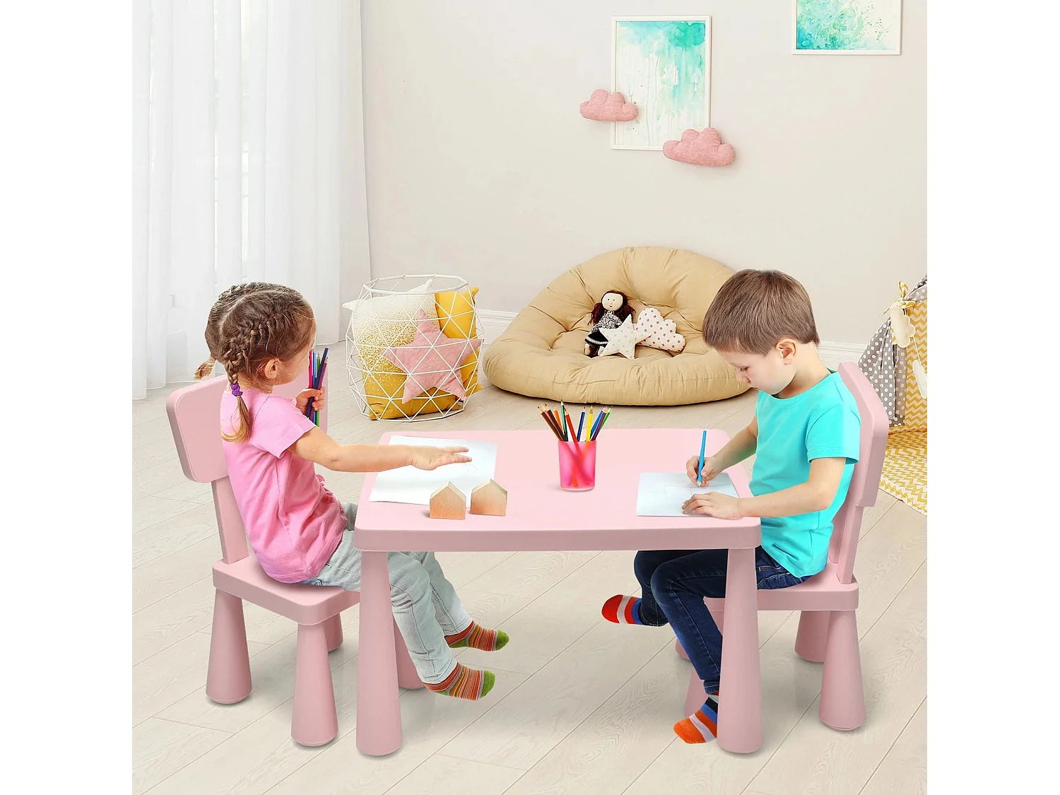 Ensemble Table et Chaises pour Enfants pour Jouer Manger Dessiner Apprentissage pour Enfants 1 à 7 Ans Rose