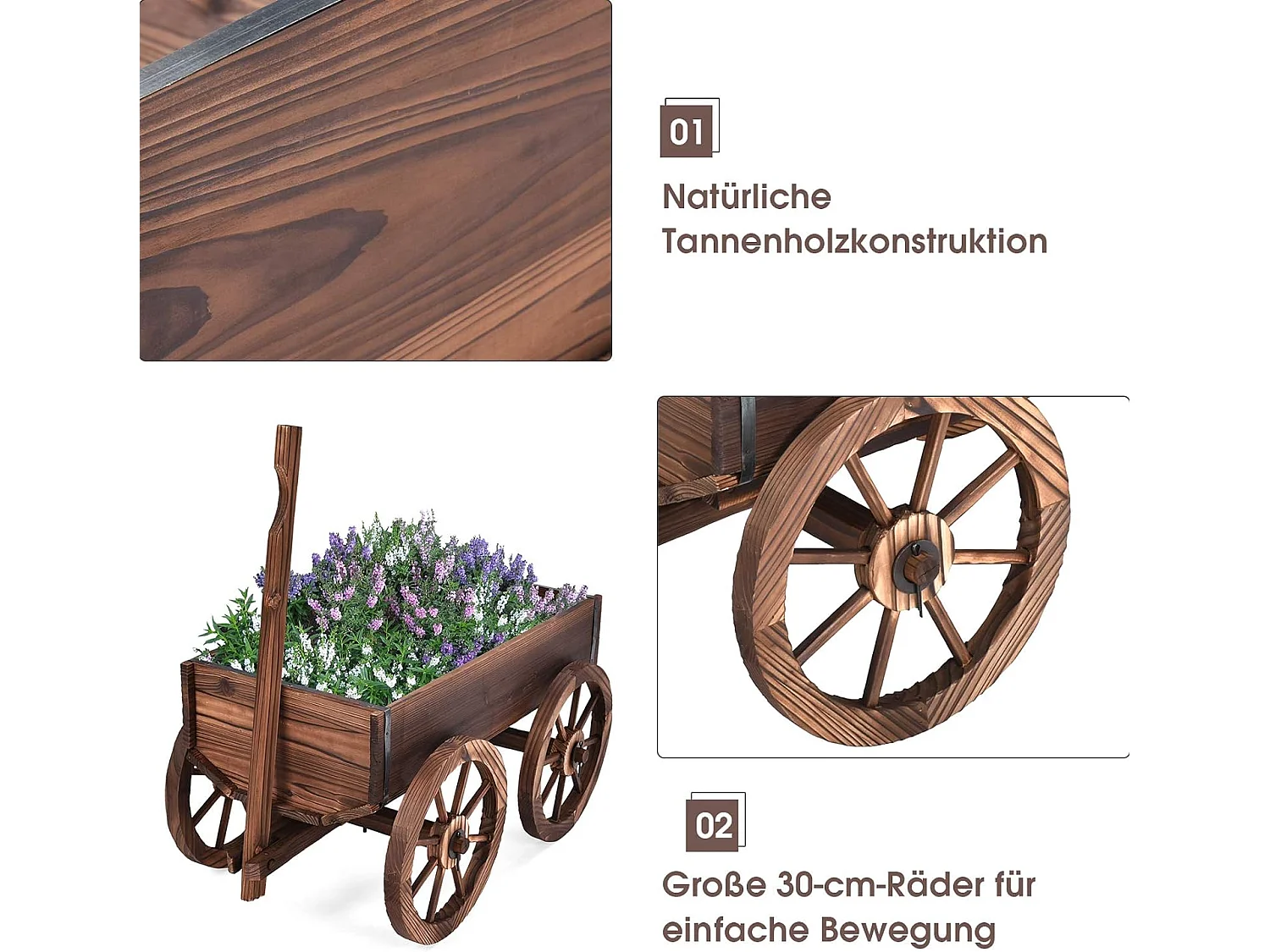 Blumenwagen Holz, Pflanzwagen 4 Rädern