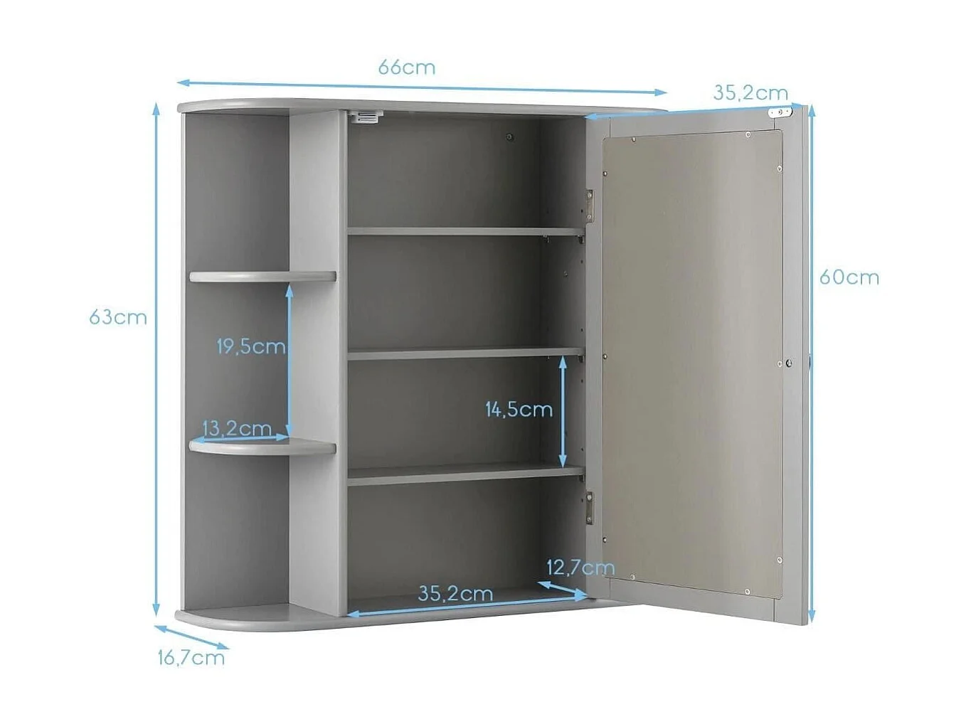 Verspiegelter Badezimmerschrank hölzerner Hängeschrank für Bad 66 x 16,7 x 63 cm Grau