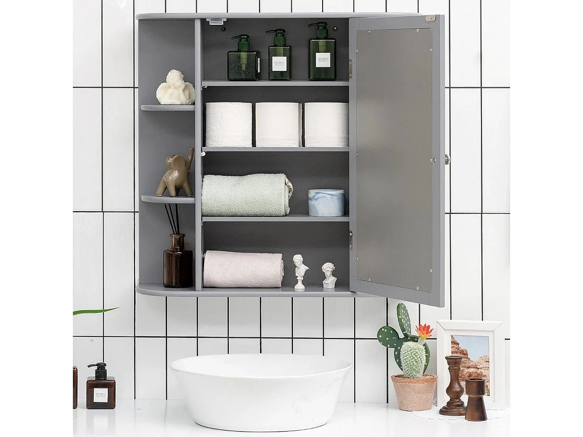 Verspiegelter Badezimmerschrank hölzerner Hängeschrank für Bad 66 x 16,7 x 63 cm Grau