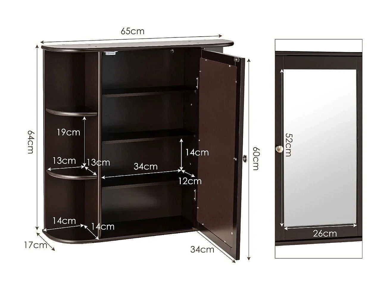 Aufbewahrungsschrank zur Wandmontage Mehrzweck-Medizinschrank für Bad 66 x 16,7 x 63 cm Braun