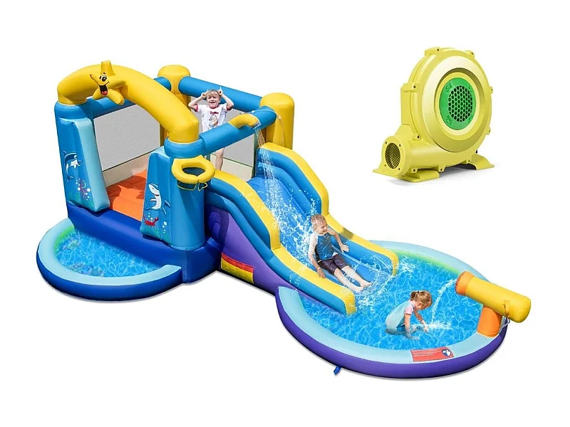Aufblasbarer Wasserrutschenpark mit 2 Pools & 680W Gebläse & Wasserkanone