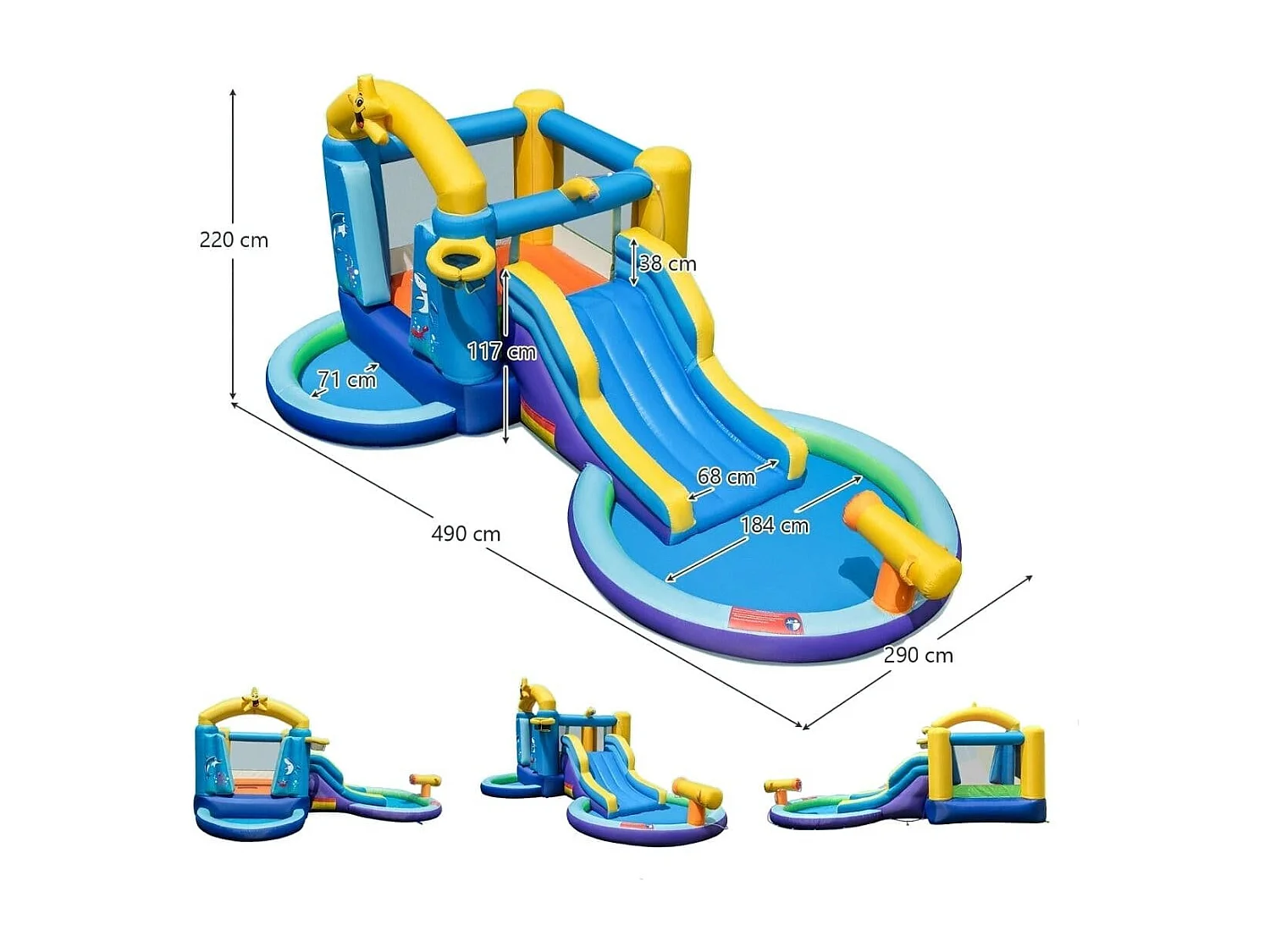 Aufblasbarer Wasserrutschenpark mit 2 Pools & 680W Gebläse & Wasserkanone