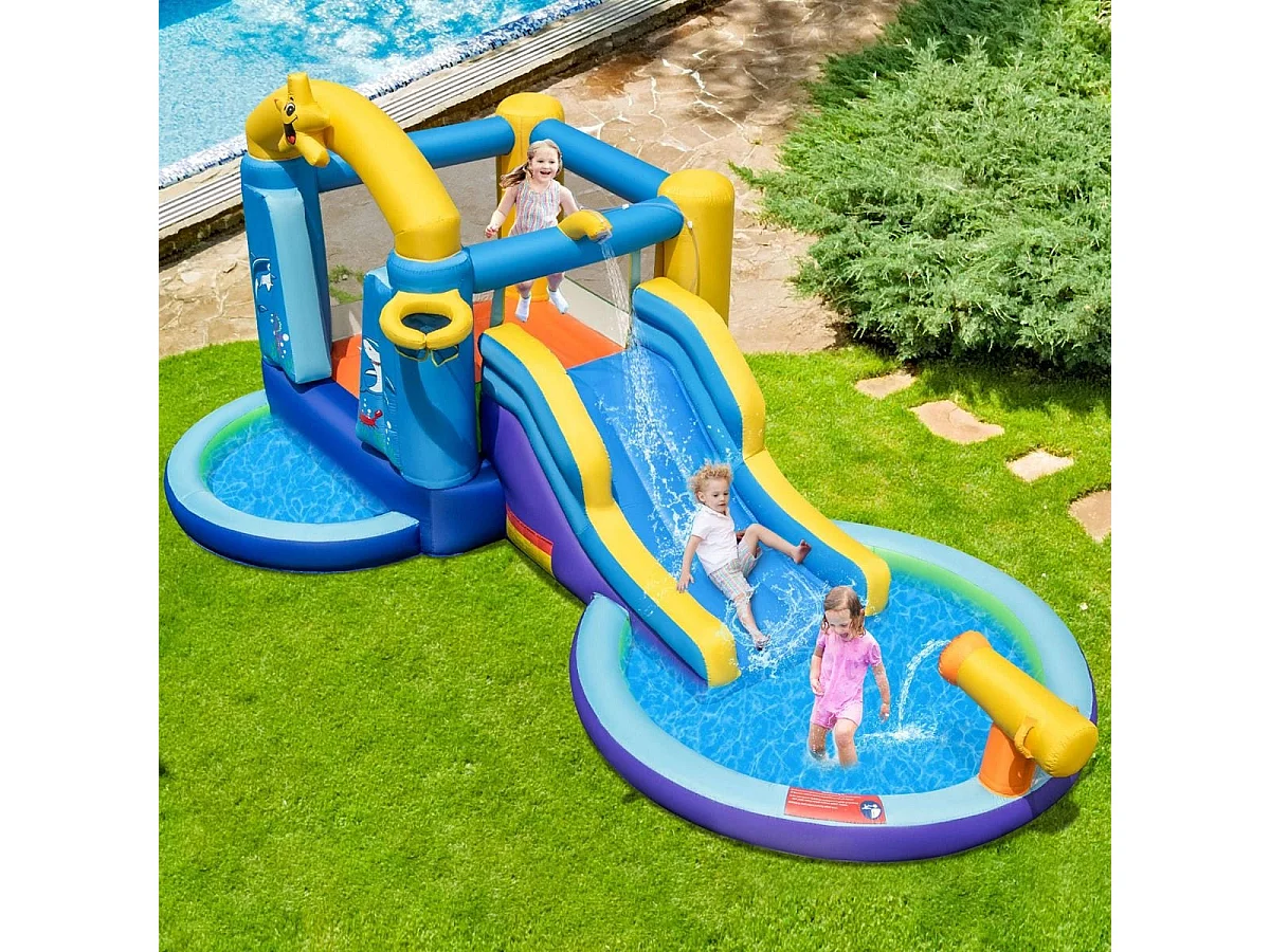 Aufblasbarer Wasserrutschenpark mit 2 Pools & 680W Gebläse & Wasserkanone