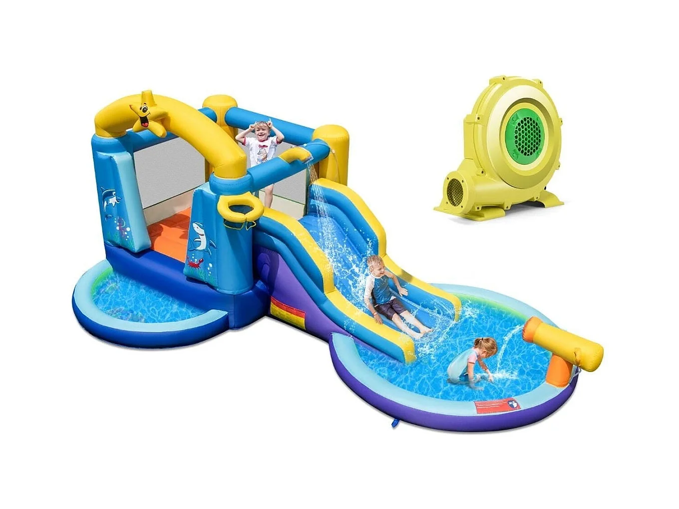 Aufblasbarer Wasserrutschenpark mit 2 Pools & 680W Gebläse & Wasserkanone