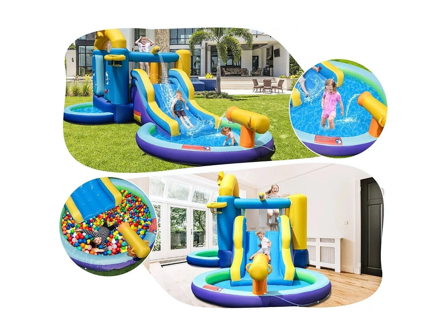 Aufblasbarer Wasserrutschenpark mit 2 Pools & 680W Gebläse & Wasserkanone