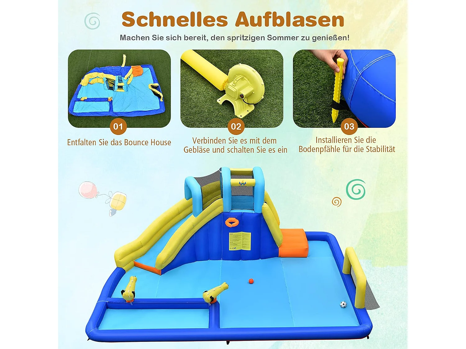 Wasserpark 6-in-1 Hüpfburg mit Gebläse & Wasserdüsen & Rutsche 525 x 373 x 203