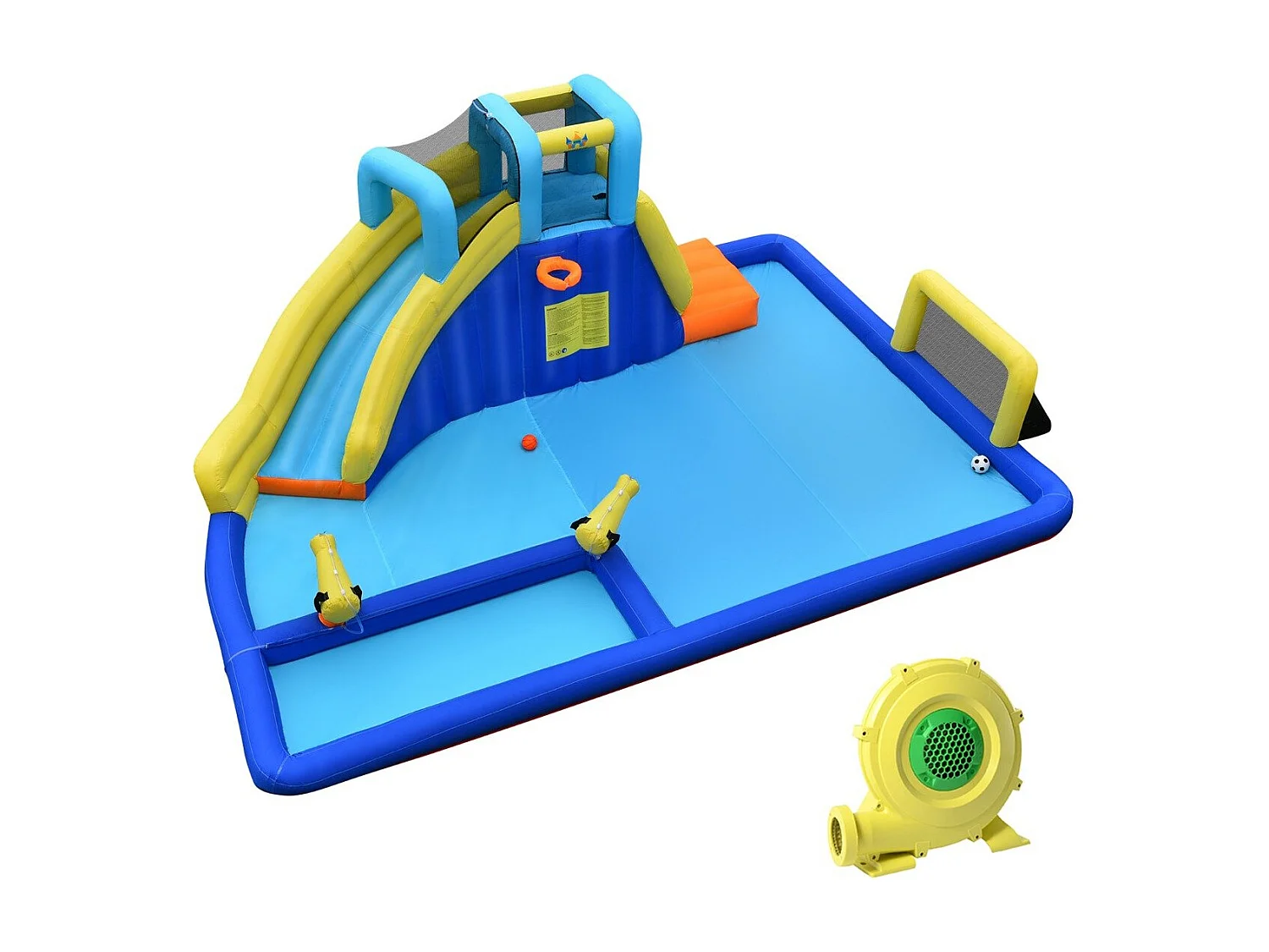 Château Gonflable 6 en 1 avec Escalade Toboggan à Jet d'Eau Grande Piscine Cadre de Football/Basket-ball avec Souffleur
