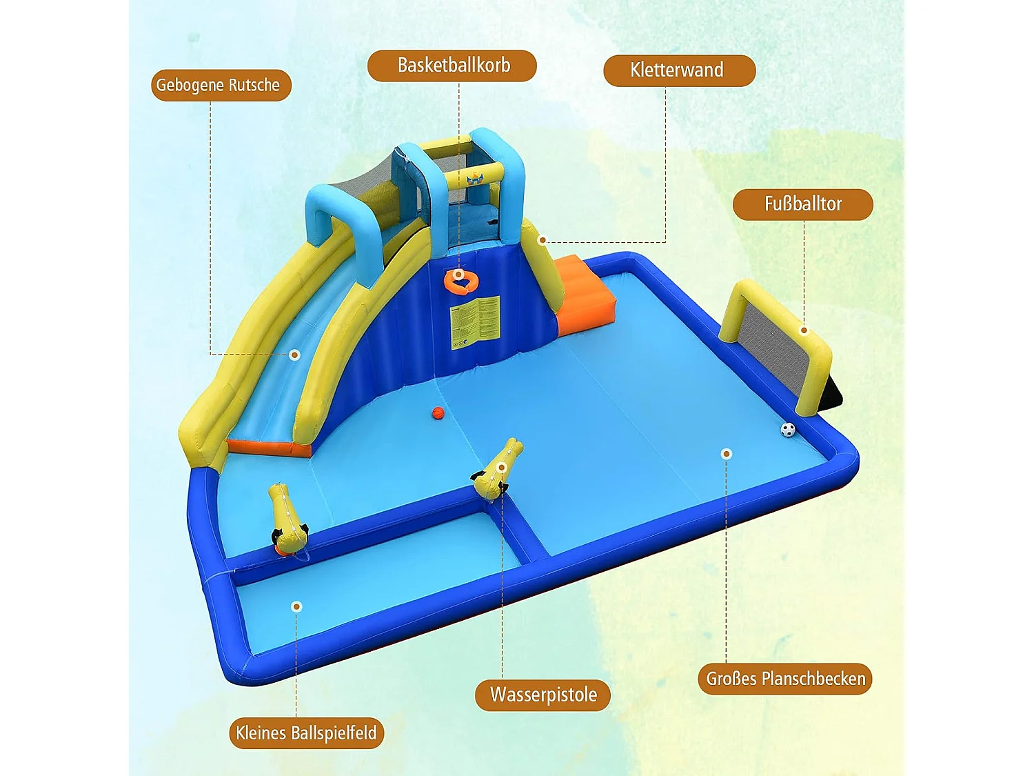 Château Gonflable 6 en 1 avec Escalade Toboggan à Jet d'Eau Grande Piscine Cadre de Football/Basket-ball avec Souffleur