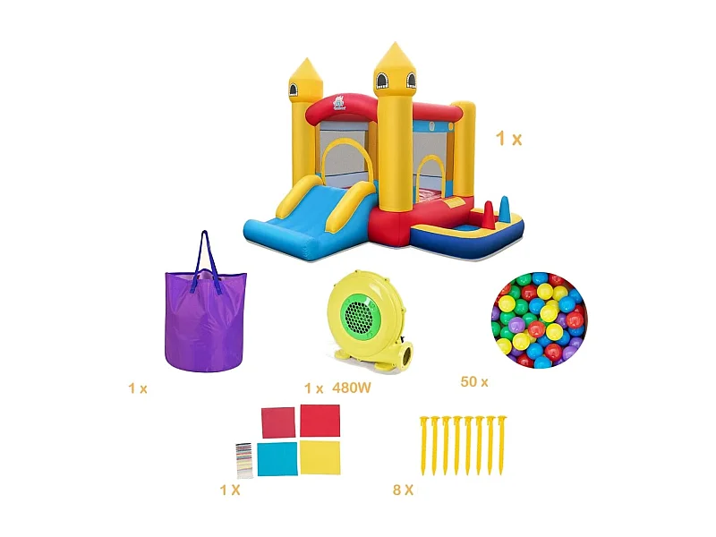 Aufblasbare Hüpfburg für Kinder mit Rutsche & 480 W Gebläse & Ozeanbällen & Ringwurf