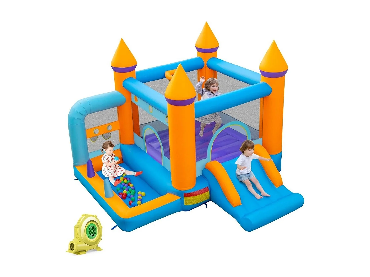 Aufblasbare Hüpfburg für Kinder mit Bällebad & Rutsche & Ringwurfspiel Inklusive 735W Gebläse