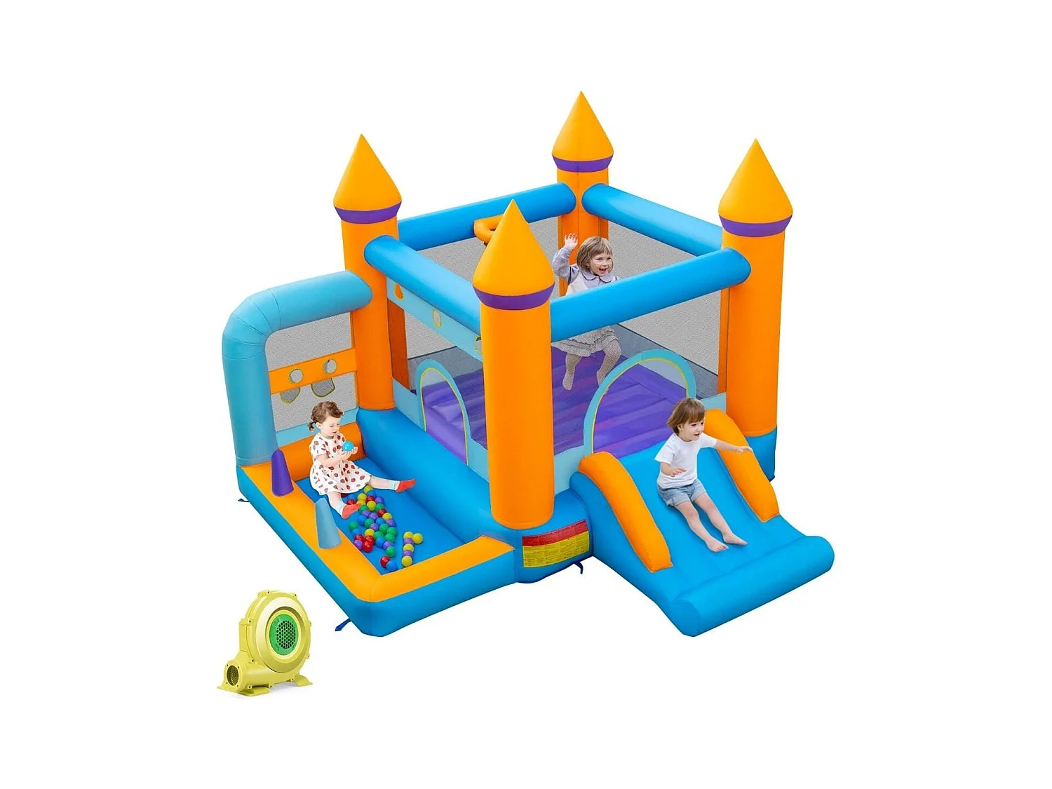 Château Gonflable 5 en 1 avec Ventilateur Toboggan Maison de Saut Gonflable avec Piscine à Balles Panier de Basketball 50 Balles Océaniques Charge 90kg