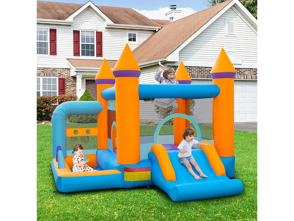 Aufblasbare Hüpfburg für Kinder mit Bällebad & Rutsche & Ringwurfspiel Inklusive 735W Gebläse