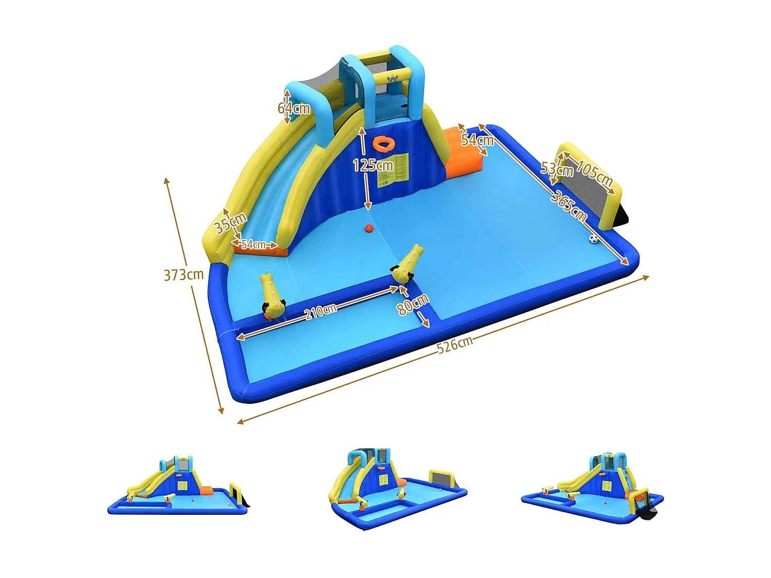 Aufblasbarer Wasserpark 6-in-1 Hüpfburg mit Wasserrutsche 526 x 373 x 203 cm Blau + Gelb