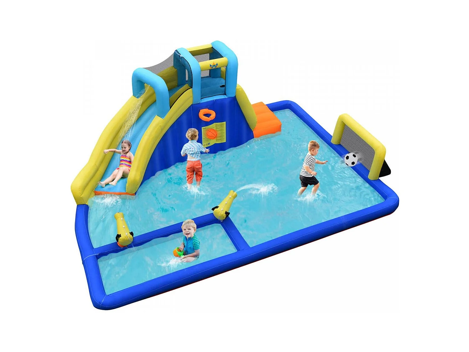 Aufblasbarer Wasserpark 6-in-1 Hüpfburg mit Wasserrutsche 526 x 373 x 203 cm Blau + Gelb