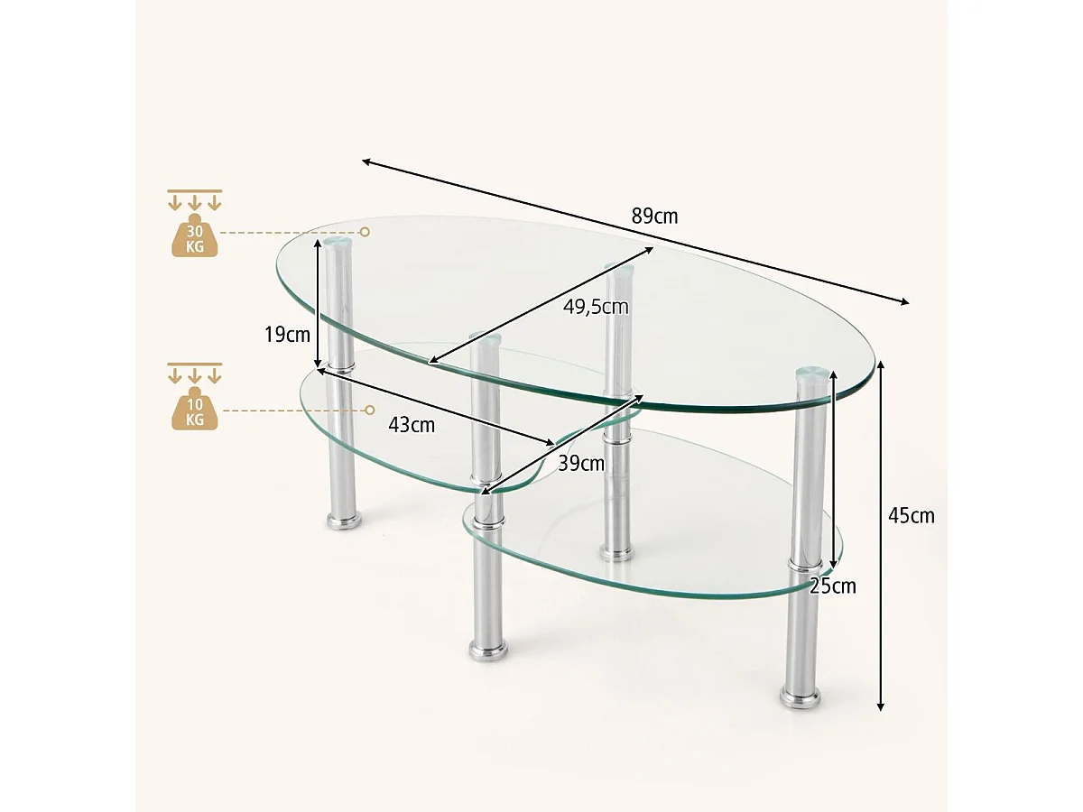 3 Ebenen Glastisch mit Modernem Ovalen Design Dreistufigem Regal Transparent