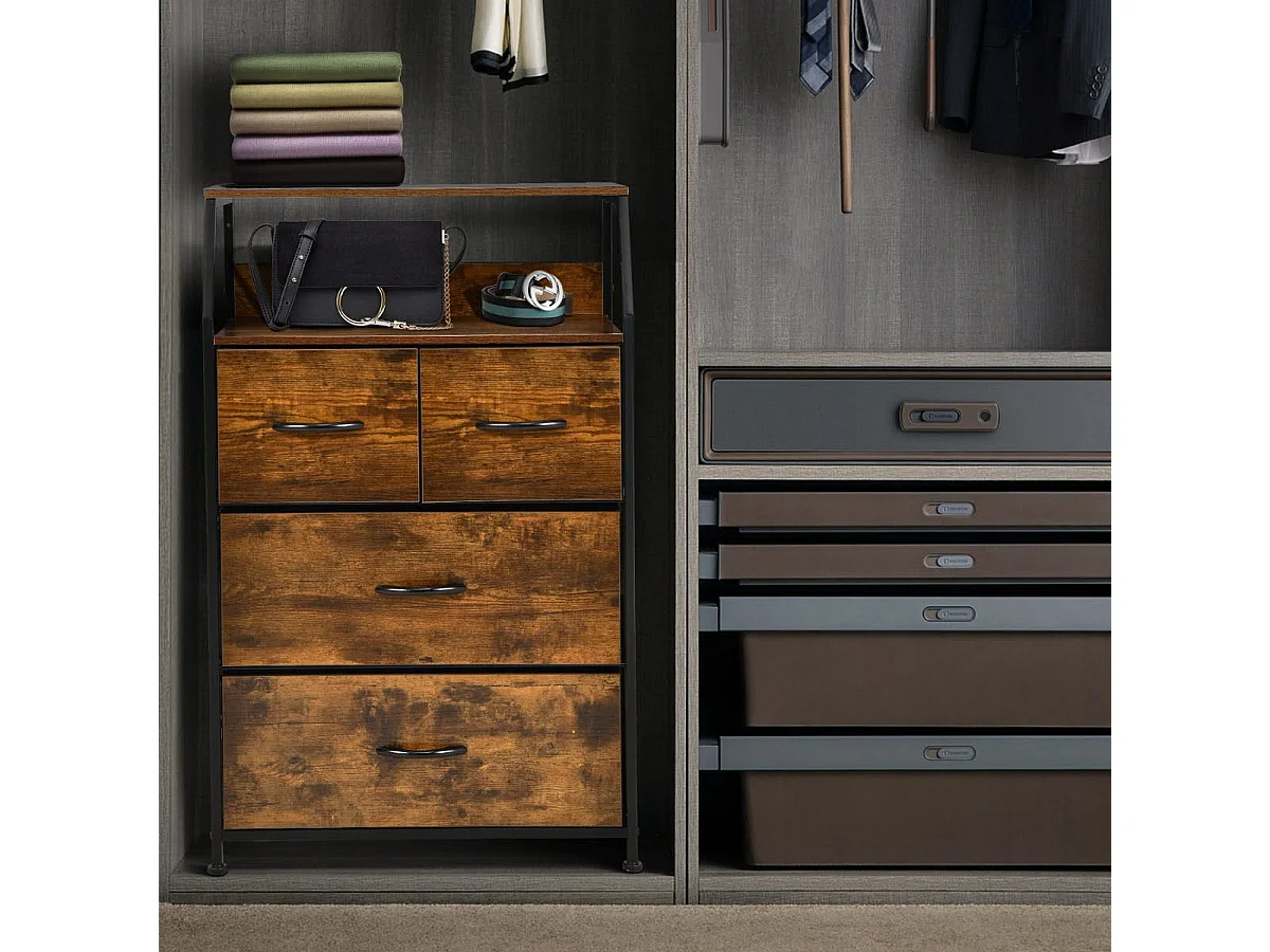 Kommode mit 4 Faltbaren Stoffschubladen & Metallrahmen Industriell Sideboard 60 x 39 x 96 cm