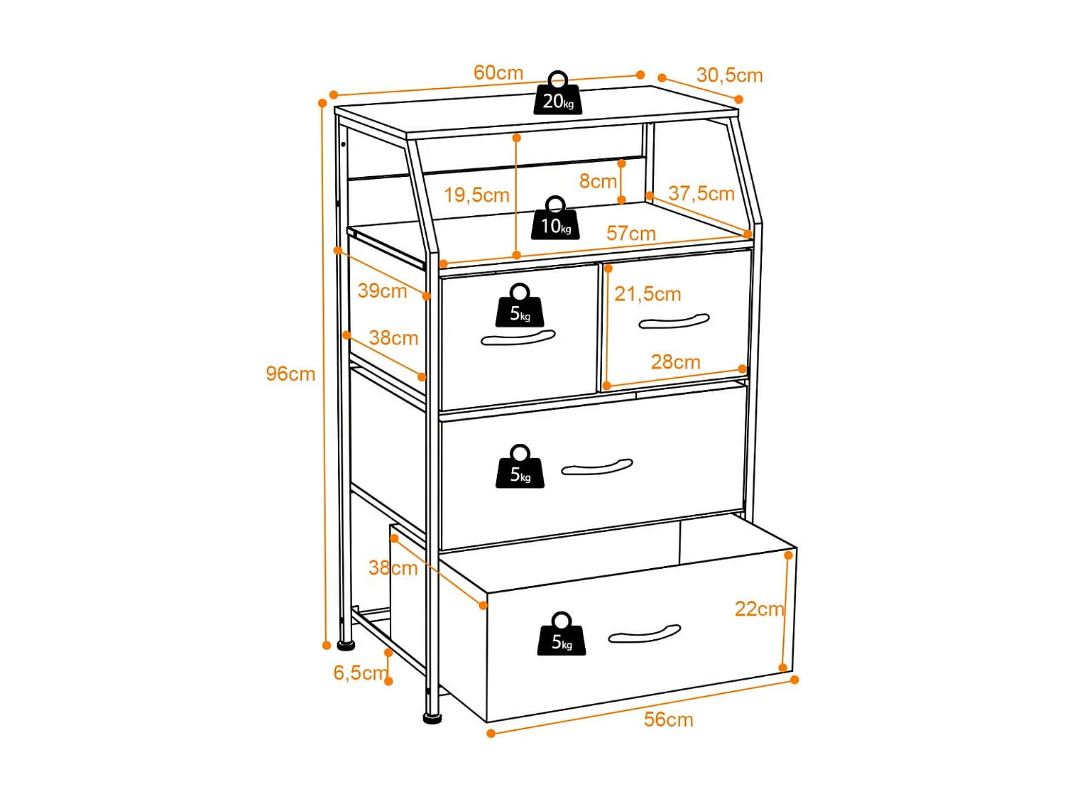 Kommode mit 4 Faltbaren Stoffschubladen & Metallrahmen Industriell Sideboard 60 x 39 x 96 cm