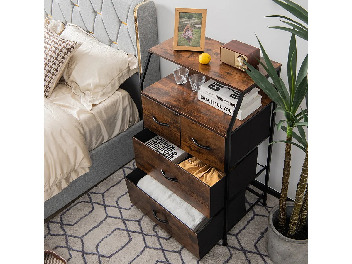 Kommode mit 4 Faltbaren Stoffschubladen & Metallrahmen Industriell Sideboard 60 x 39 x 96 cm