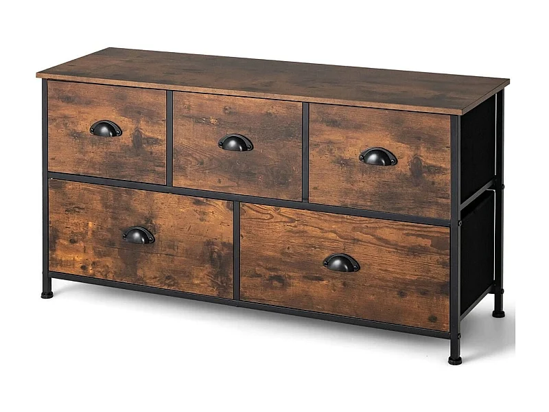 2-stöckige Rustikale Kommode mit 5 Schubladen & Faltbaren Stoffschubladen Braun