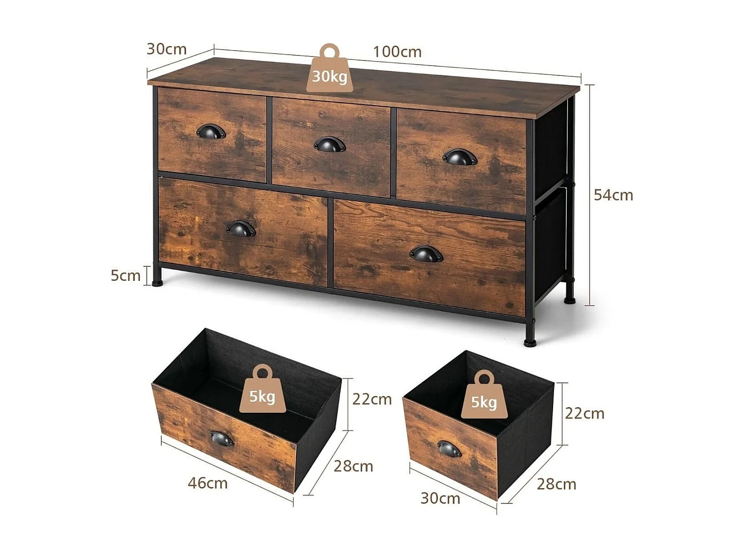 2-stöckige Rustikale Kommode mit 5 Schubladen & Faltbaren Stoffschubladen Braun