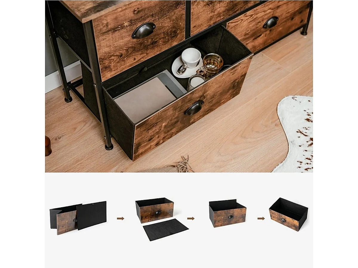 2-stöckige Rustikale Kommode mit 5 Schubladen & Faltbaren Stoffschubladen Braun