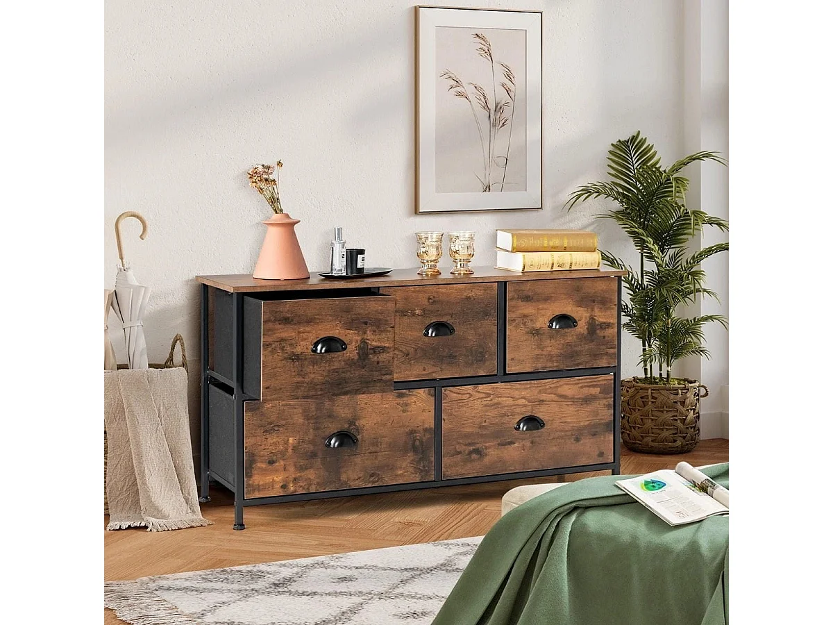 2-stöckige Rustikale Kommode mit 5 Schubladen & Faltbaren Stoffschubladen Braun