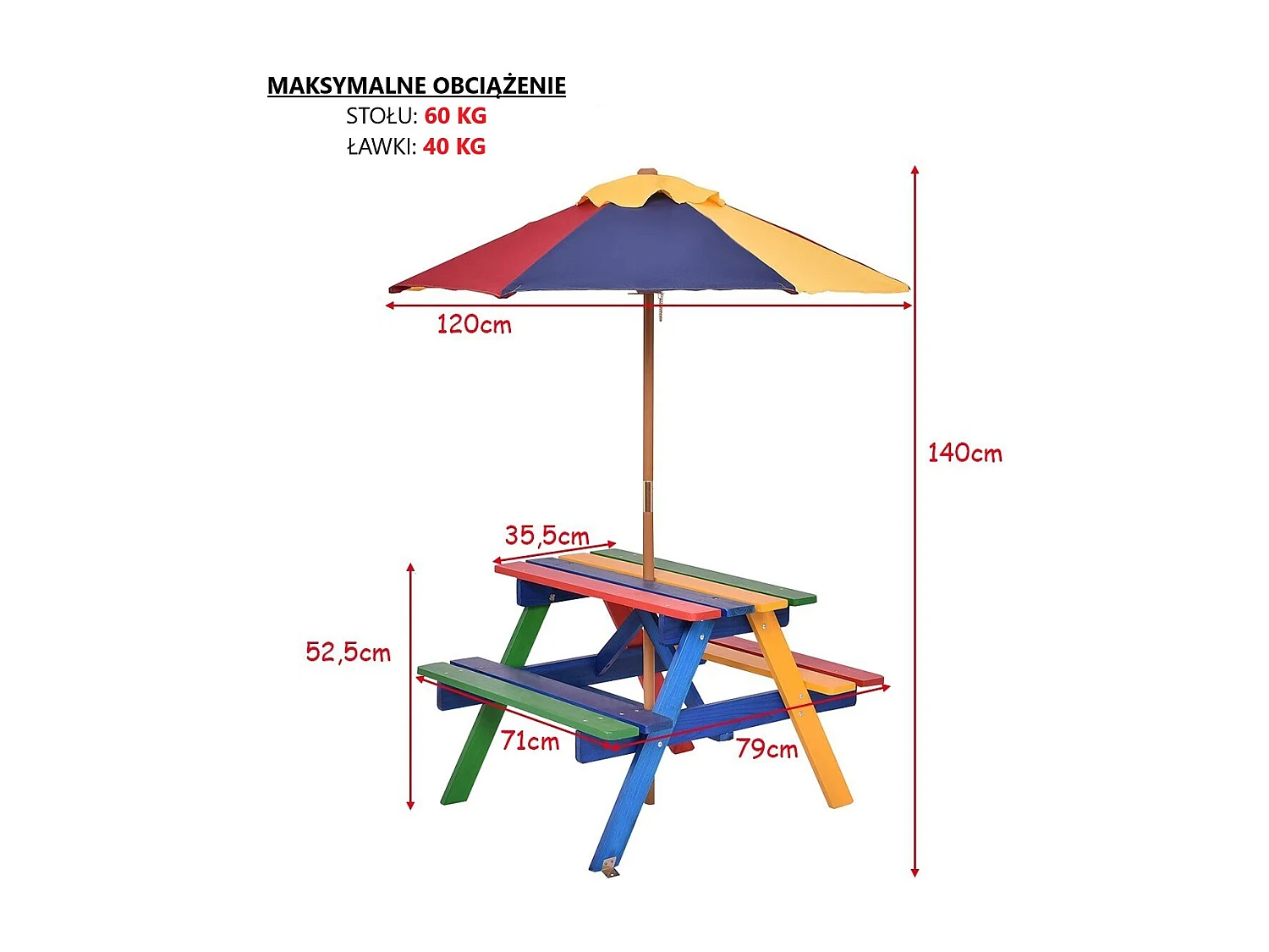 Set con tavolo picnic di legno e ombrellone per bambini, Tavolo e panchina con 4 posti e ombrellone pieghevoli