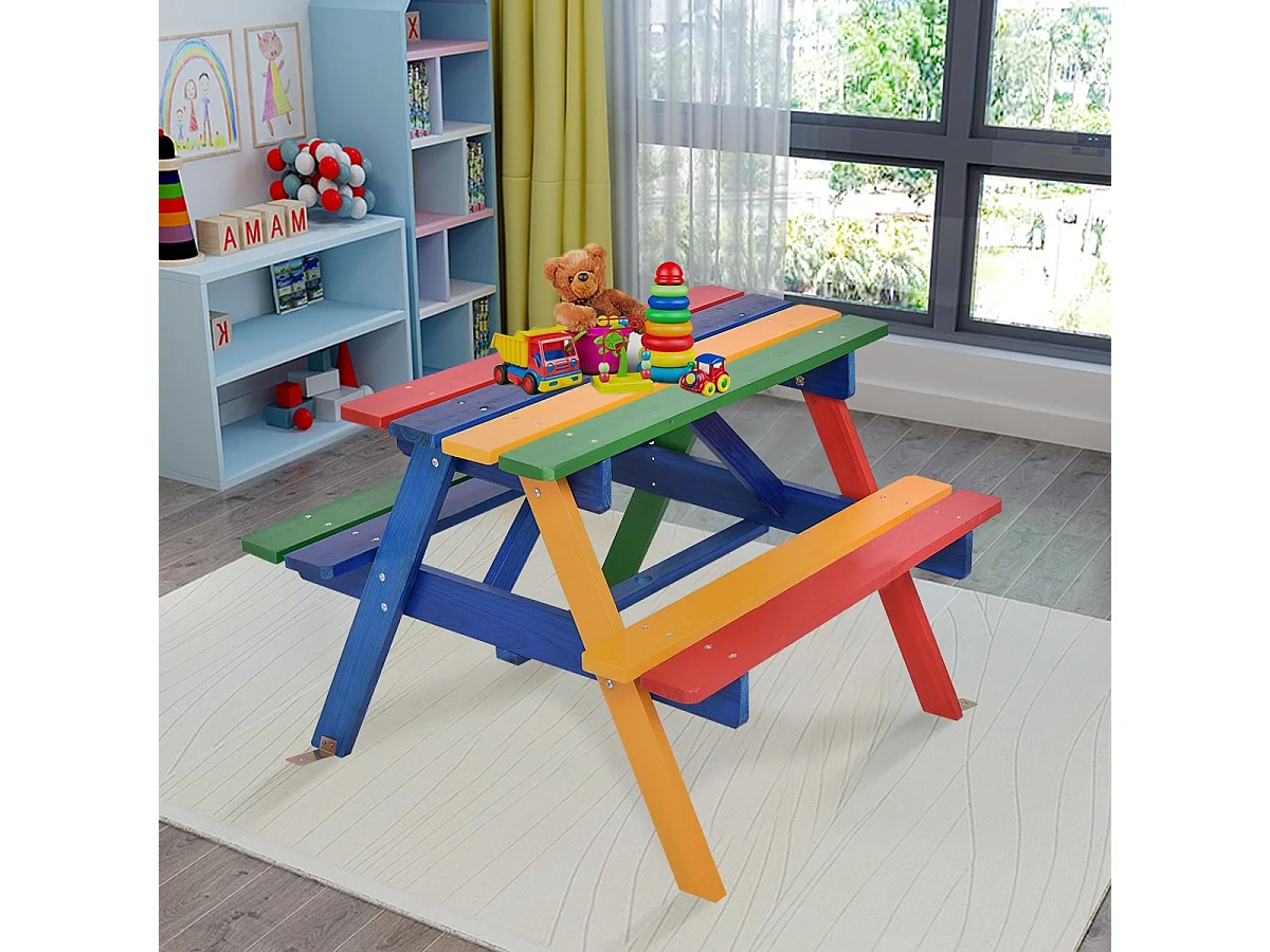 Set con tavolo picnic di legno e ombrellone per bambini, Tavolo e panchina con 4 posti e ombrellone pieghevoli