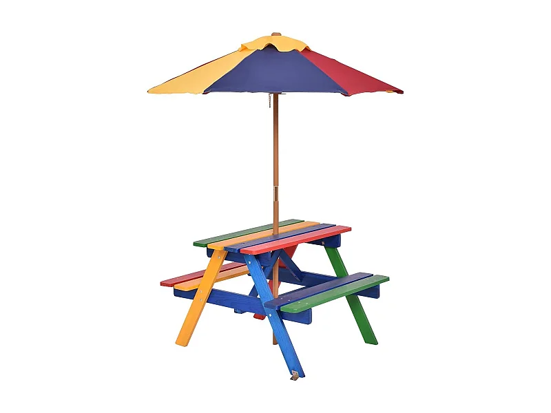 Set con tavolo picnic di legno e ombrellone per bambini, Tavolo e panchina con 4 posti e ombrellone pieghevoli