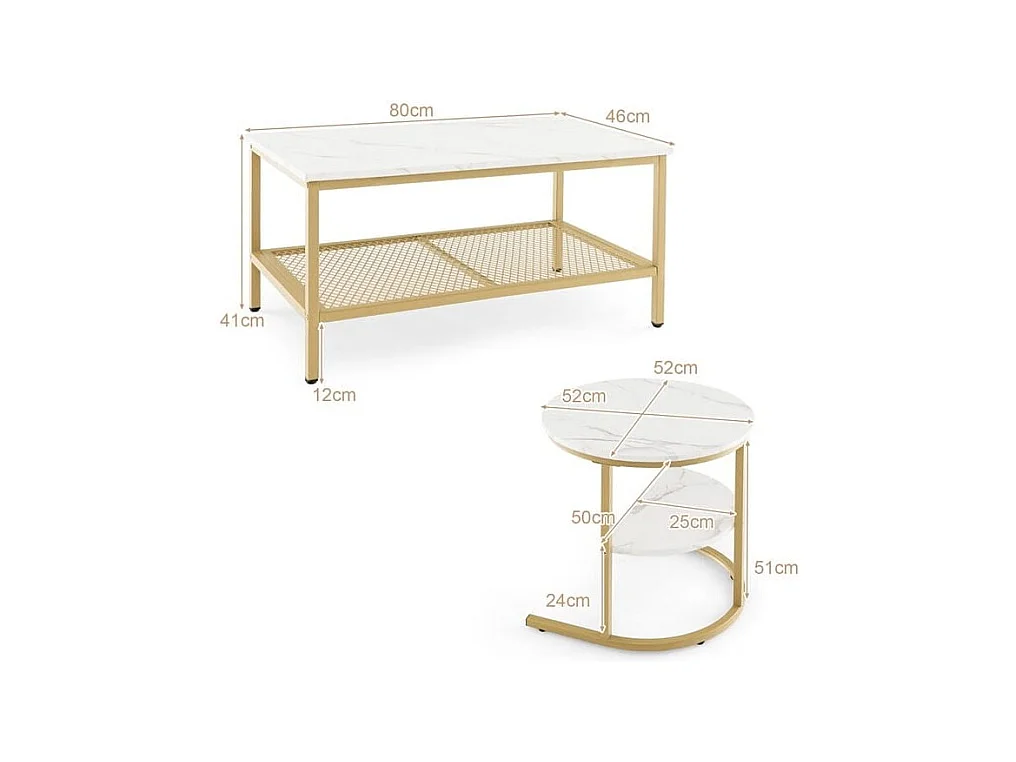 2er Set Couchtisch Beistelltisch Marmor Optik mit Metallrahmen & Ablage Gold und Weiß