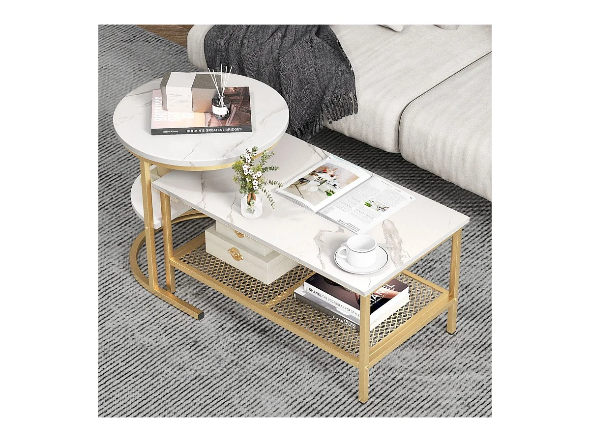 2er Set Couchtisch Beistelltisch Marmor Optik mit Metallrahmen & Ablage Gold und Weiß