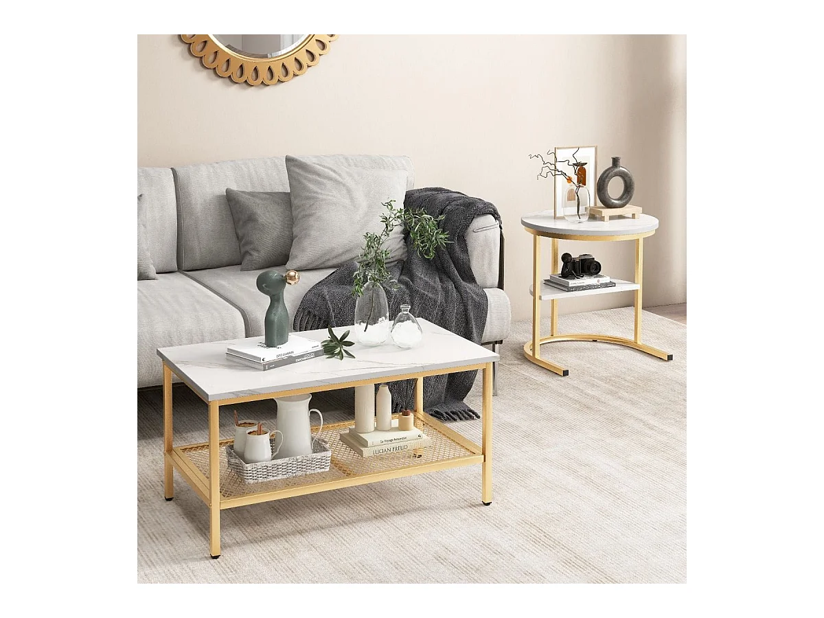 2er Set Couchtisch Beistelltisch Marmor Optik mit Metallrahmen & Ablage Gold und Weiß
