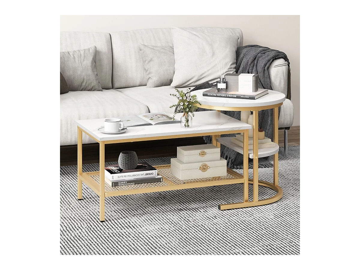 2er Set Couchtisch Beistelltisch Marmor Optik mit Metallrahmen & Ablage Gold und Weiß