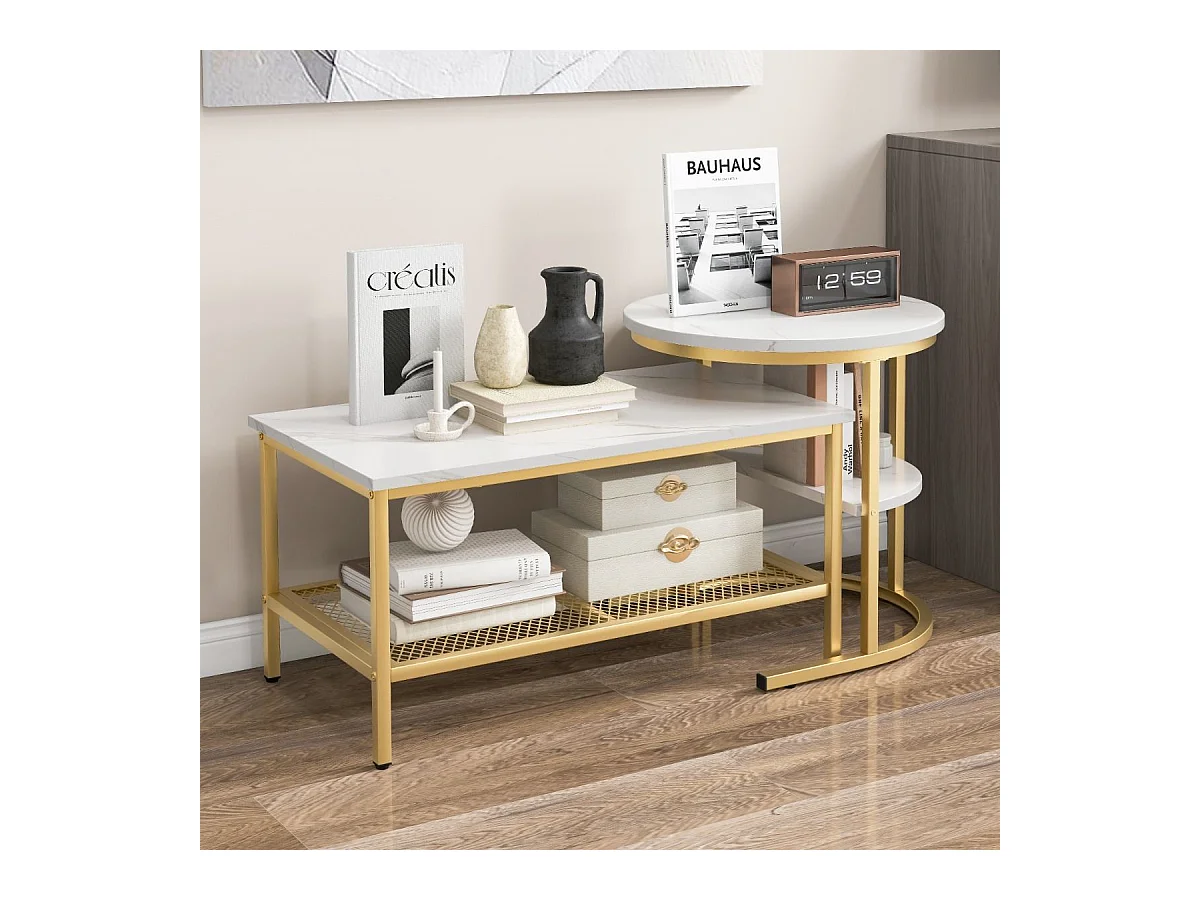 2er Set Couchtisch Beistelltisch Marmor Optik mit Metallrahmen & Ablage Gold und Weiß