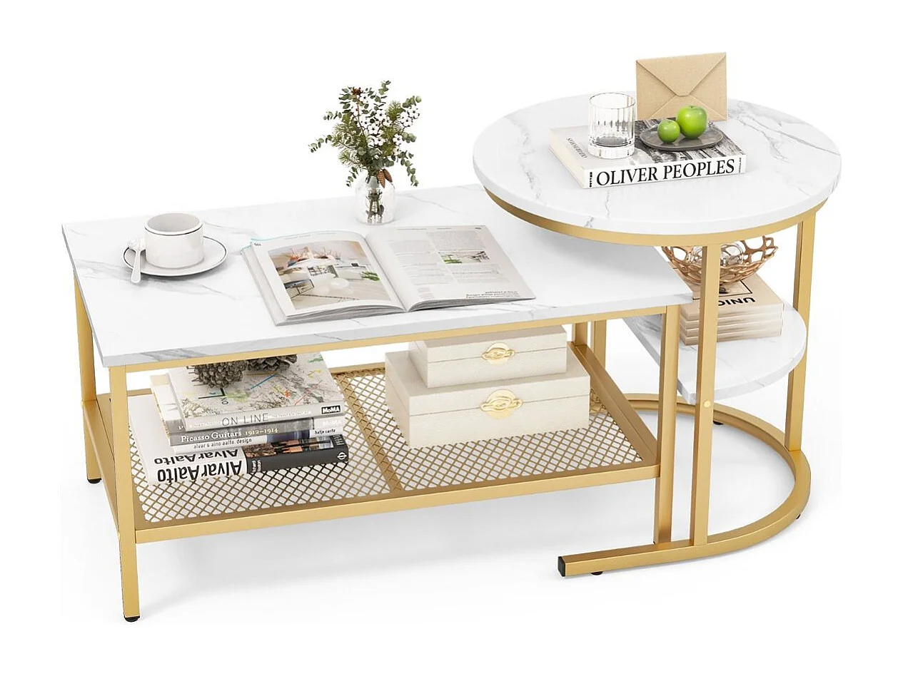 Set di tavolini da caffè componibili rimovibili 2 in 1, Tavolino rotondo e tavolino rettangolare per soggiorno Oro