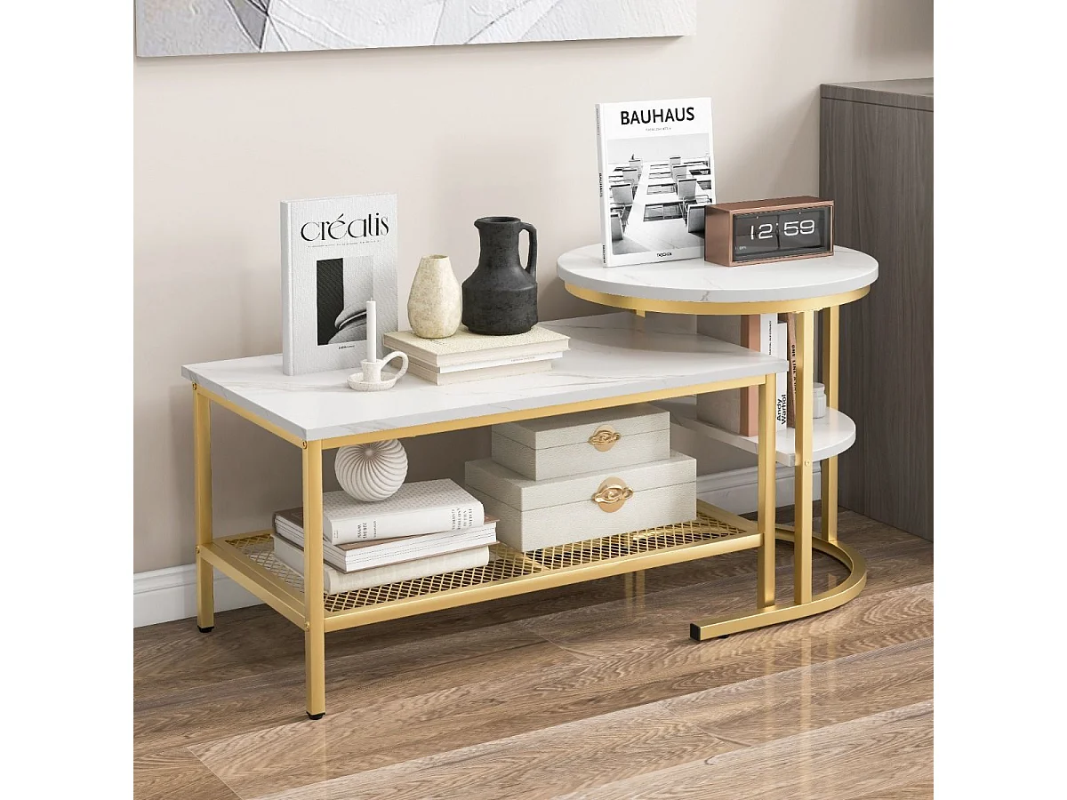 Set di tavolini da caffè componibili rimovibili 2 in 1, Tavolino rotondo e tavolino rettangolare per soggiorno Oro