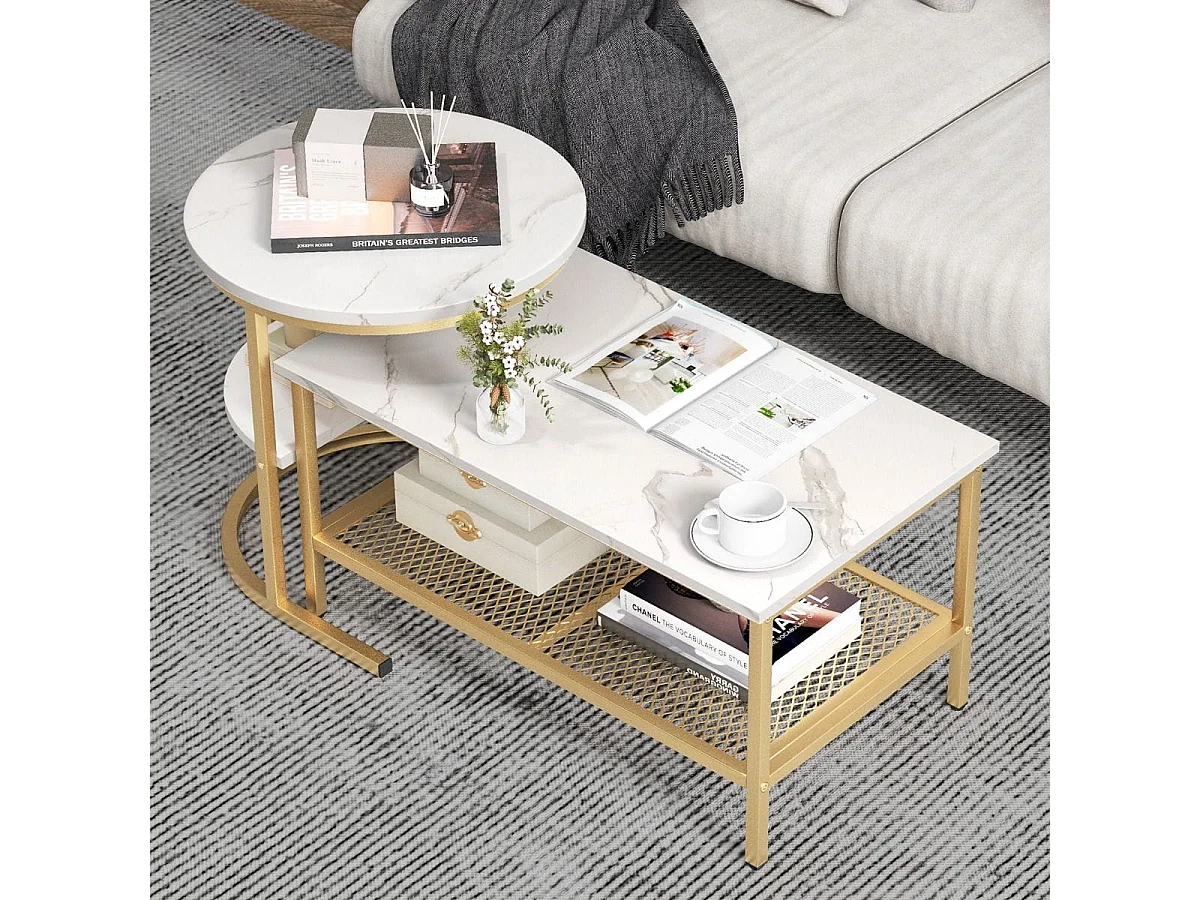 2er Set Couchtisch Beistelltisch Marmor Optik mit Metallrahmen & Ablage Gold und Weiß